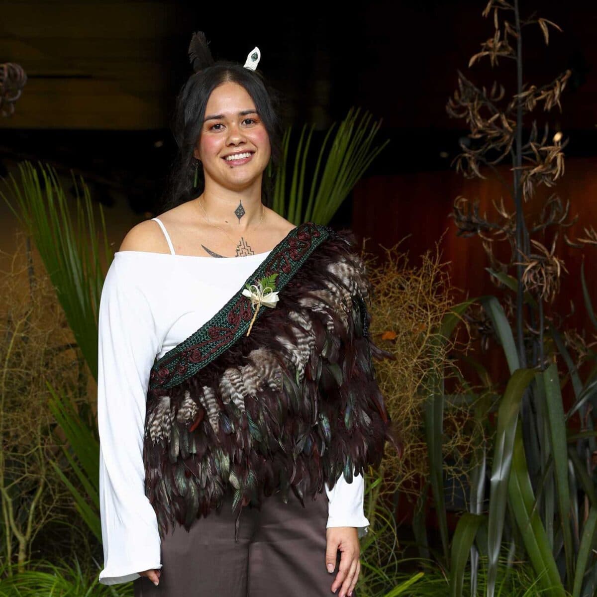 Ebony Komene wearing a korowai