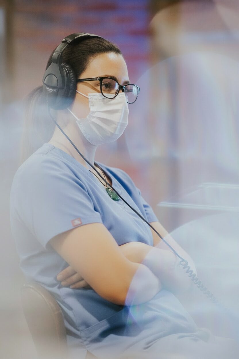 A nurse wearing a mask and headset, arms folded, listening on a call